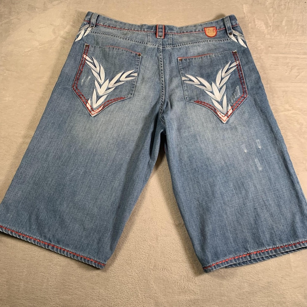 Y2K Coogi Denim Shorts Mens 44 Blue Long Jorts Red Stitching Embroidered Pockets